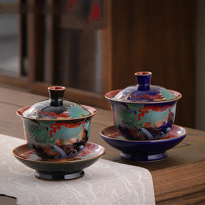 Exquisite ceramic tea bowl with lid, Chinese tea set, high-quality tea brewer, glazed, tricolor covered bowl, gift