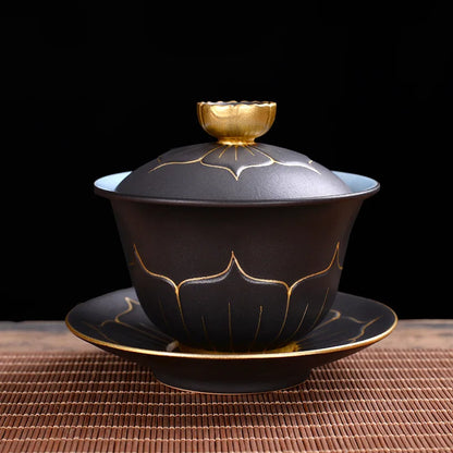 Exquisite ceramic tea bowl with lid, Chinese tea set, high-quality tea brewer, glazed, tricolor covered bowl, gift