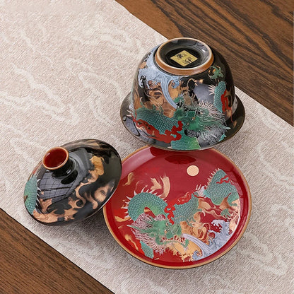 Exquisite ceramic tea bowl with lid, Chinese tea set, high-quality tea brewer, glazed, tricolor covered bowl, gift