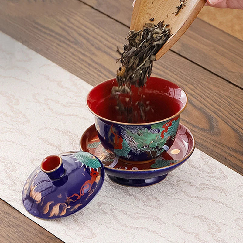 Exquisite ceramic tea bowl with lid, Chinese tea set, high-quality tea brewer, glazed, tricolor covered bowl, gift