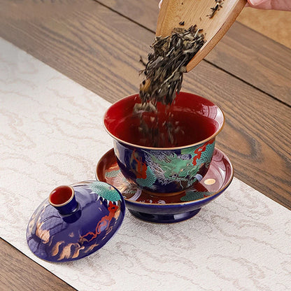 Exquisite ceramic tea bowl with lid, Chinese tea set, high-quality tea brewer, glazed, tricolor covered bowl, gift