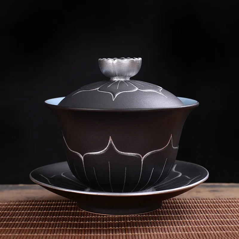 Exquisite ceramic tea bowl with lid, Chinese tea set, high-quality tea brewer, glazed, tricolor covered bowl, gift