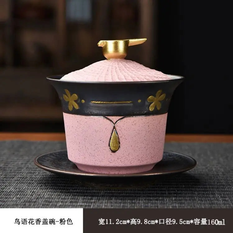Exquisite ceramic tea bowl with lid, Chinese tea set, high-quality tea brewer, glazed, tricolor covered bowl, gift