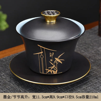 Exquisite ceramic tea bowl with lid, Chinese tea set, high-quality tea brewer, glazed, tricolor covered bowl, gift