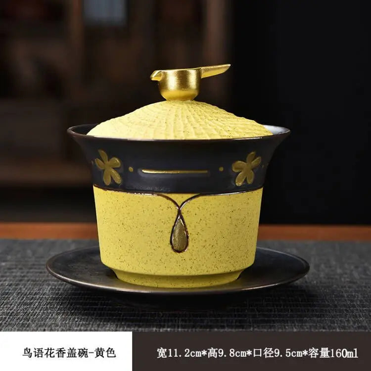 Exquisite ceramic tea bowl with lid, Chinese tea set, high-quality tea brewer, glazed, tricolor covered bowl, gift