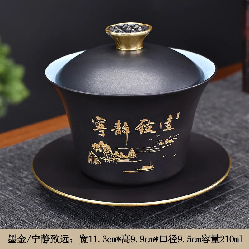 Exquisite ceramic tea bowl with lid, Chinese tea set, high-quality tea brewer, glazed, tricolor covered bowl, gift