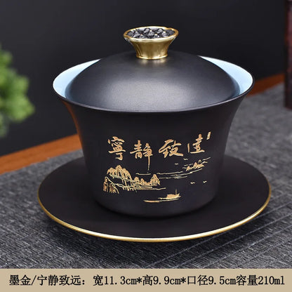 Exquisite ceramic tea bowl with lid, Chinese tea set, high-quality tea brewer, glazed, tricolor covered bowl, gift