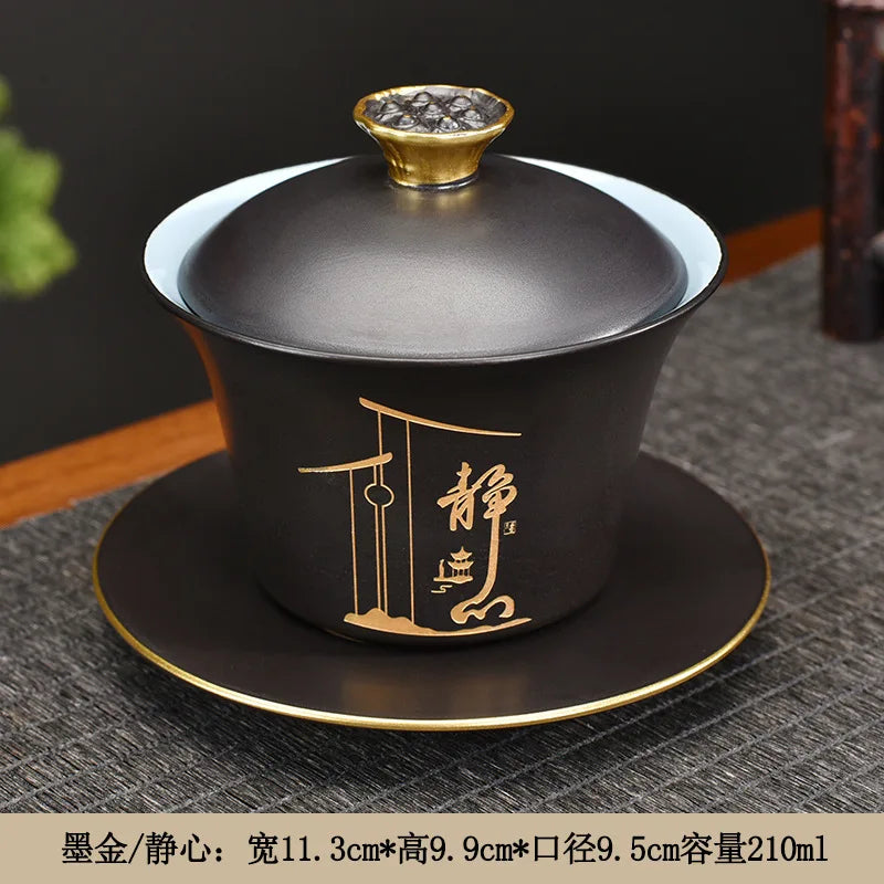 Exquisite ceramic tea bowl with lid, Chinese tea set, high-quality tea brewer, glazed, tricolor covered bowl, gift