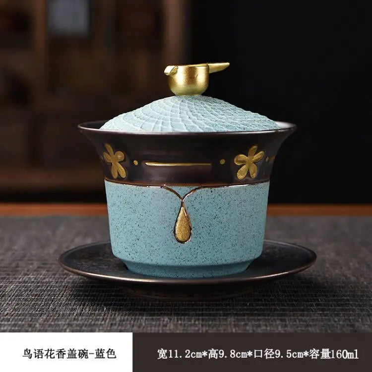 Exquisite ceramic tea bowl with lid, Chinese tea set, high-quality tea brewer, glazed, tricolor covered bowl, gift