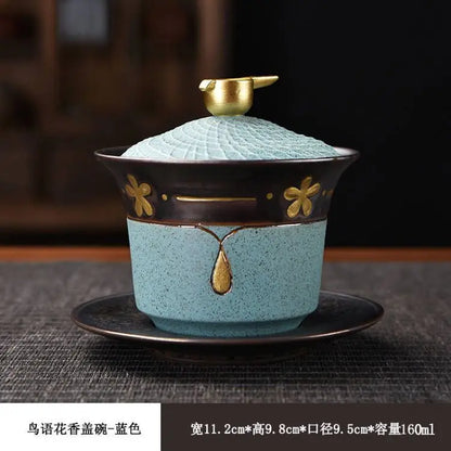 Exquisite ceramic tea bowl with lid, Chinese tea set, high-quality tea brewer, glazed, tricolor covered bowl, gift