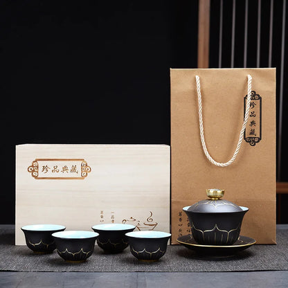 Exquisite ceramic tea bowl with lid, Chinese tea set, high-quality tea brewer, glazed, tricolor covered bowl, gift