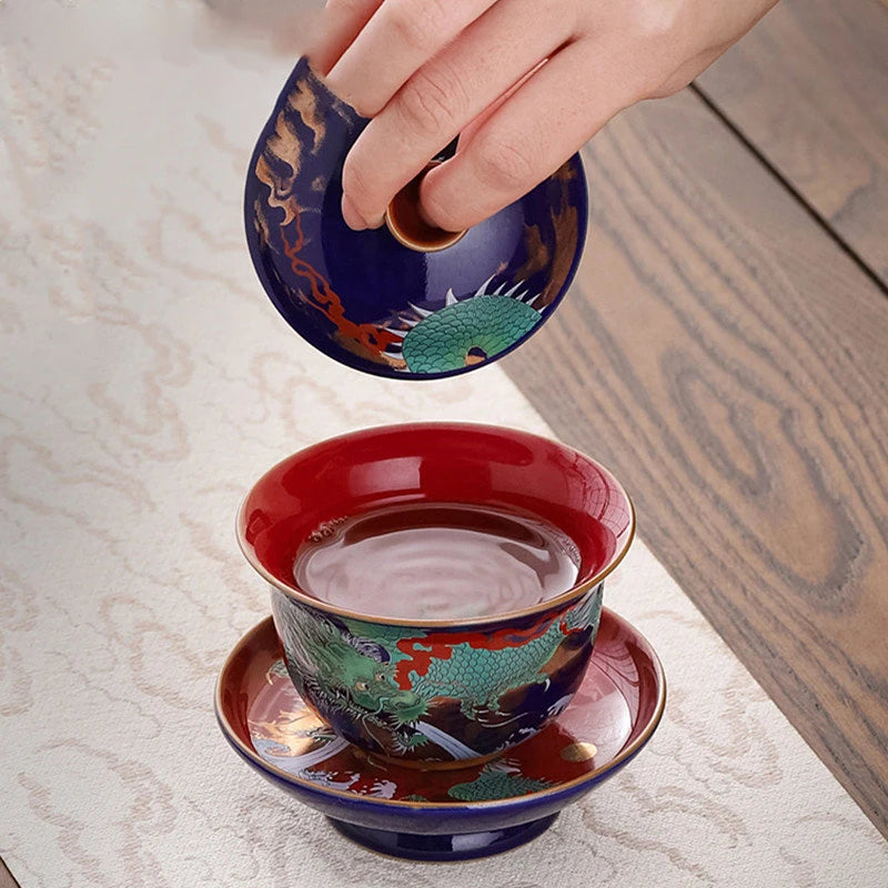 Exquisite ceramic tea bowl with lid, Chinese tea set, high-quality tea brewer, glazed, tricolor covered bowl, gift