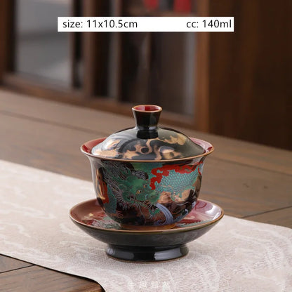 Exquisite ceramic tea bowl with lid, Chinese tea set, high-quality tea brewer, glazed, tricolor covered bowl, gift