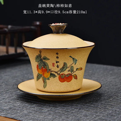 Exquisite ceramic tea bowl with lid, Chinese tea set, high-quality tea brewer, glazed, tricolor covered bowl, gift