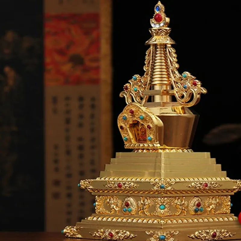 Exquisitely Carved Tibetan Buddhism Stupa Instrument Decoration 7-inch