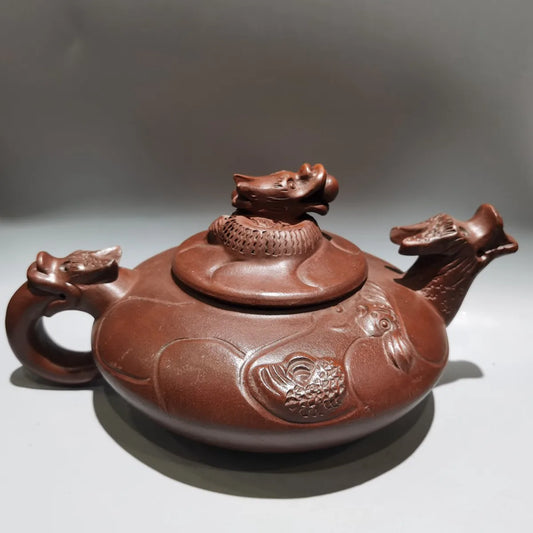 Extra Large Yixing Zisha Clay Teapot Red  Mud Fish Hua Dragon Pot  Guangxu 1800ml