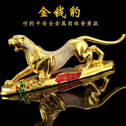 FREE SHIP # HOME CAR Decor GOOD LUCK Mascot # bring fortune Success Diamonds gold leopard Cheetah tiger copper statue