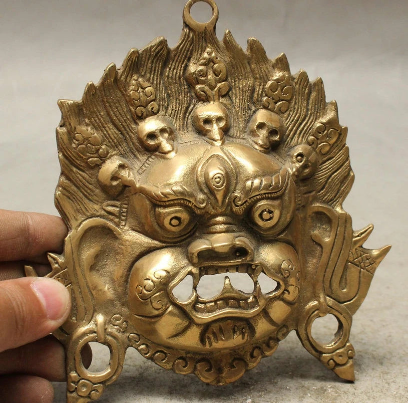FREE shipping Tibet Buddhism Copper Brass Vajra Mahakala Buddha Head Mask Statue Wall Hanging