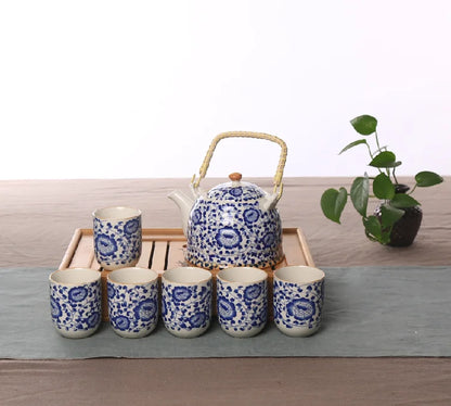 Factory direct Jingdezhen ceramic household tea set high-temperature decals porcelain Girder teapot Seven sets of gift tea suits