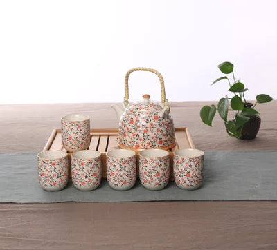 Factory direct Jingdezhen ceramic household tea set high-temperature decals porcelain Girder teapot Seven sets of gift tea suits
