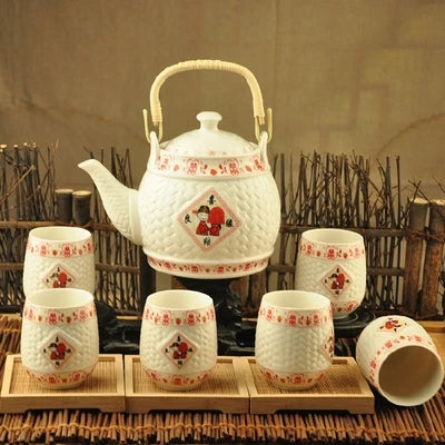 Factory direct Jingdezhen ceramic household tea set high-temperature decals porcelain Girder teapot Seven sets of gift tea suits