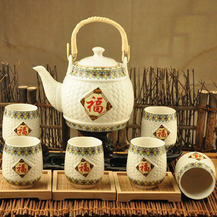 Factory direct Jingdezhen ceramic household tea set high-temperature decals porcelain Girder teapot Seven sets of gift tea suits