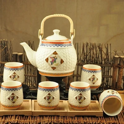Factory direct Jingdezhen ceramic household tea set high-temperature decals porcelain Girder teapot Seven sets of gift tea suits