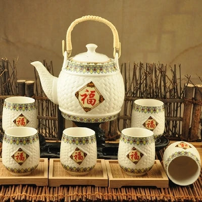 Factory direct Jingdezhen ceramic household tea set high-temperature decals porcelain Girder teapot Seven sets of gift tea suits