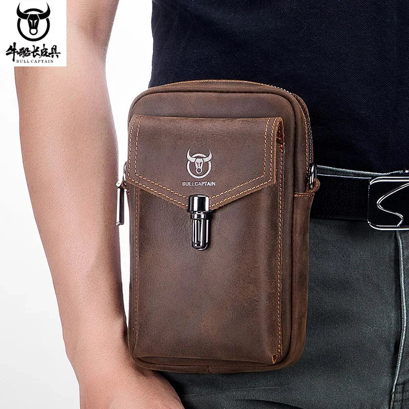 Famous Brand Crazy Horse Leather Men's Male Shoulder Multifunctional 7-inch Mobile Phone Belt bag Messenger Bages