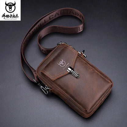 Famous Brand Crazy Horse Leather Men's Male Shoulder Multifunctional 7-inch Mobile Phone Belt bag Messenger Bages