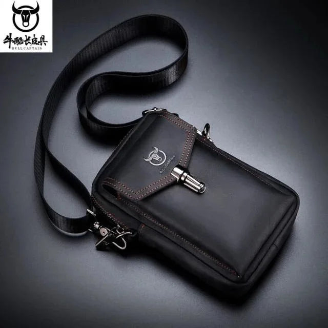 Famous Brand Crazy Horse Leather Men's Male Shoulder Multifunctional 7-inch Mobile Phone Belt bag Messenger Bages