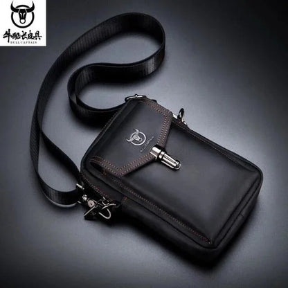 Famous Brand Crazy Horse Leather Men's Male Shoulder Multifunctional 7-inch Mobile Phone Belt bag Messenger Bages