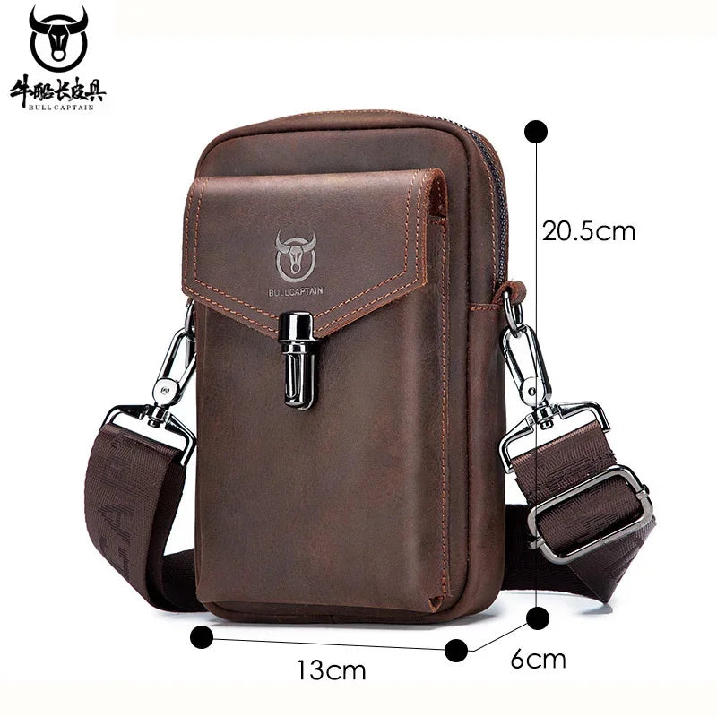 Famous Brand Crazy Horse Leather Men's Male Shoulder Multifunctional 7-inch Mobile Phone Belt bag Messenger Bages