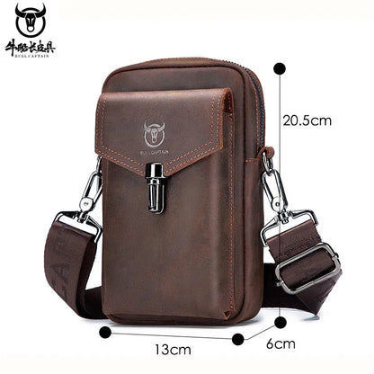 Famous Brand Crazy Horse Leather Men's Male Shoulder Multifunctional 7-inch Mobile Phone Belt bag Messenger Bages
