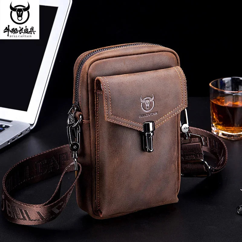 Famous Brand Crazy Horse Leather Men's Male Shoulder Multifunctional 7-inch Mobile Phone Belt bag Messenger Bages