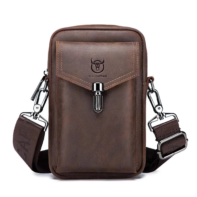 Famous Brand Crazy Horse Leather Men's Male Shoulder Multifunctional 7-inch Mobile Phone Belt bag Messenger Bages