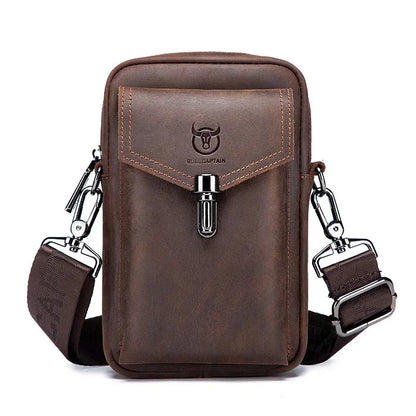 Famous Brand Crazy Horse Leather Men's Male Shoulder Multifunctional 7-inch Mobile Phone Belt bag Messenger Bages