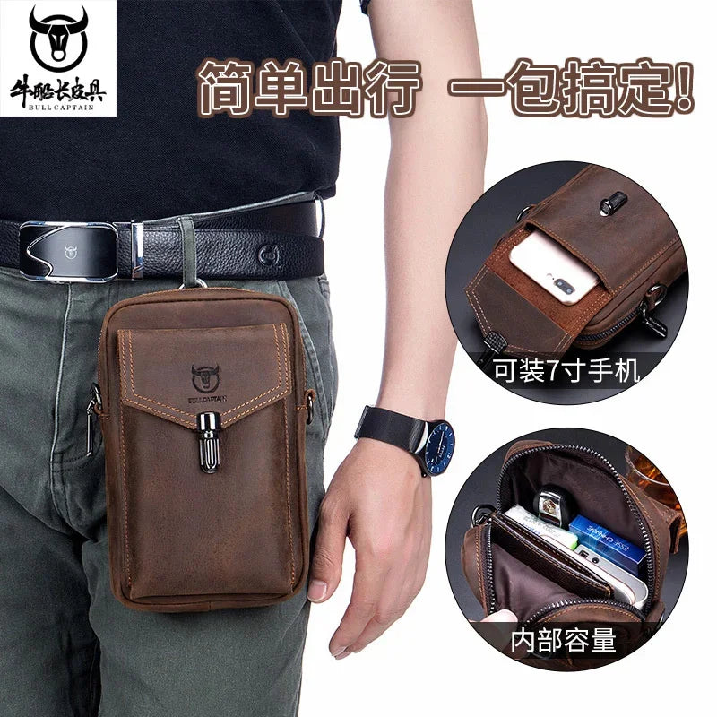Famous Brand Crazy Horse Leather Men's Male Shoulder Multifunctional 7-inch Mobile Phone Belt bag Messenger Bages