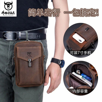 Famous Brand Crazy Horse Leather Men's Male Shoulder Multifunctional 7-inch Mobile Phone Belt bag Messenger Bages
