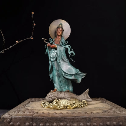 Famous sculptor Collectible works Nanhai Guanyin goddess bronze Sculpture ART home office Bar business Decorative Buddha statue