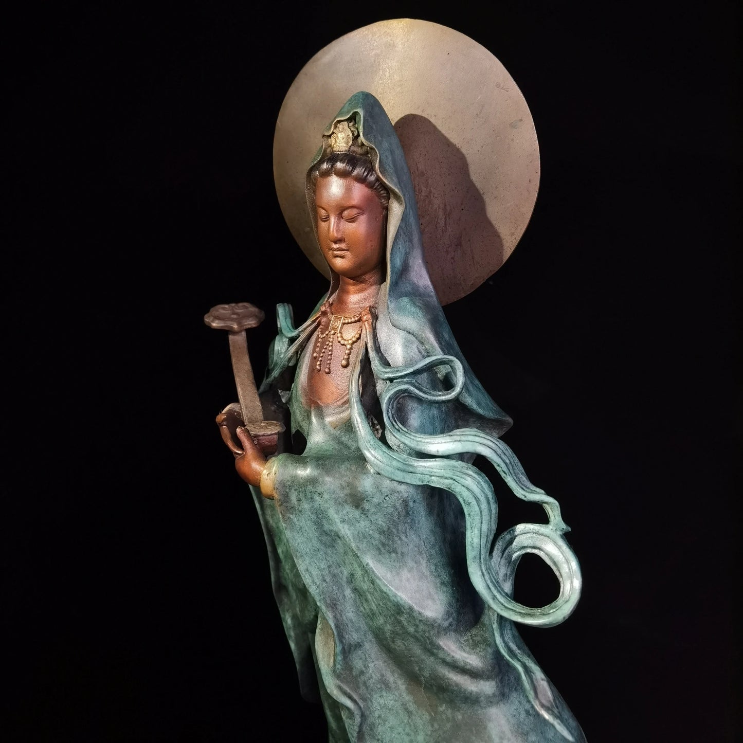 Famous sculptor Collectible works Nanhai Guanyin goddess bronze Sculpture ART home office Bar business Decorative Buddha statue