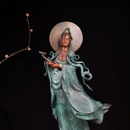 Famous sculptor Collectible works Nanhai Guanyin goddess bronze Sculpture ART home office Bar business Decorative Buddha statue