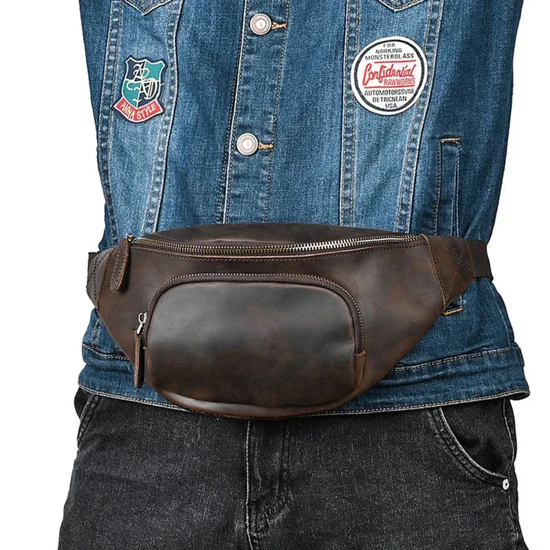 Fanny Waist Pack Belt Bag For Genuine Leather Travel Retro Crazy Horse Cowhide Male Sling Cross body Chest Hip Bum Bags Purse