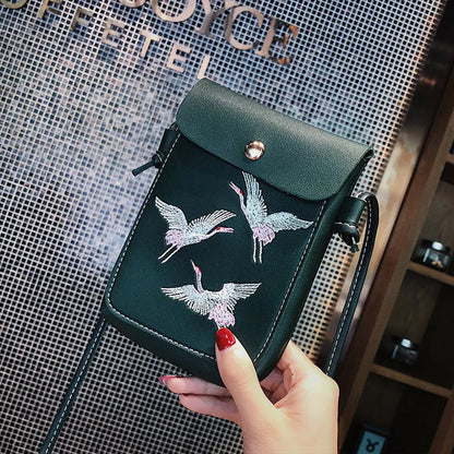 Fashion Bird Embroidery Mobile Phone Bagls for Women Girls Small Crossbody Bags Pu Leather Mini Messenger Bags Ladies Hand Bags
