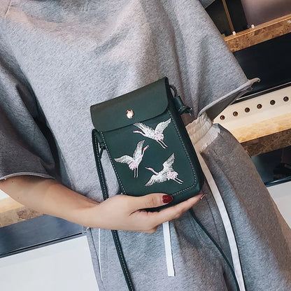 Fashion Bird Embroidery Mobile Phone Bagls for Women Girls Small Crossbody Bags Pu Leather Mini Messenger Bags Ladies Hand Bags