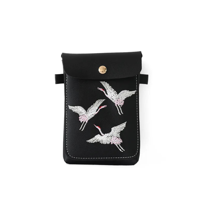 Fashion Bird Embroidery Mobile Phone Bagls for Women Girls Small Crossbody Bags Pu Leather Mini Messenger Bags Ladies Hand Bags
