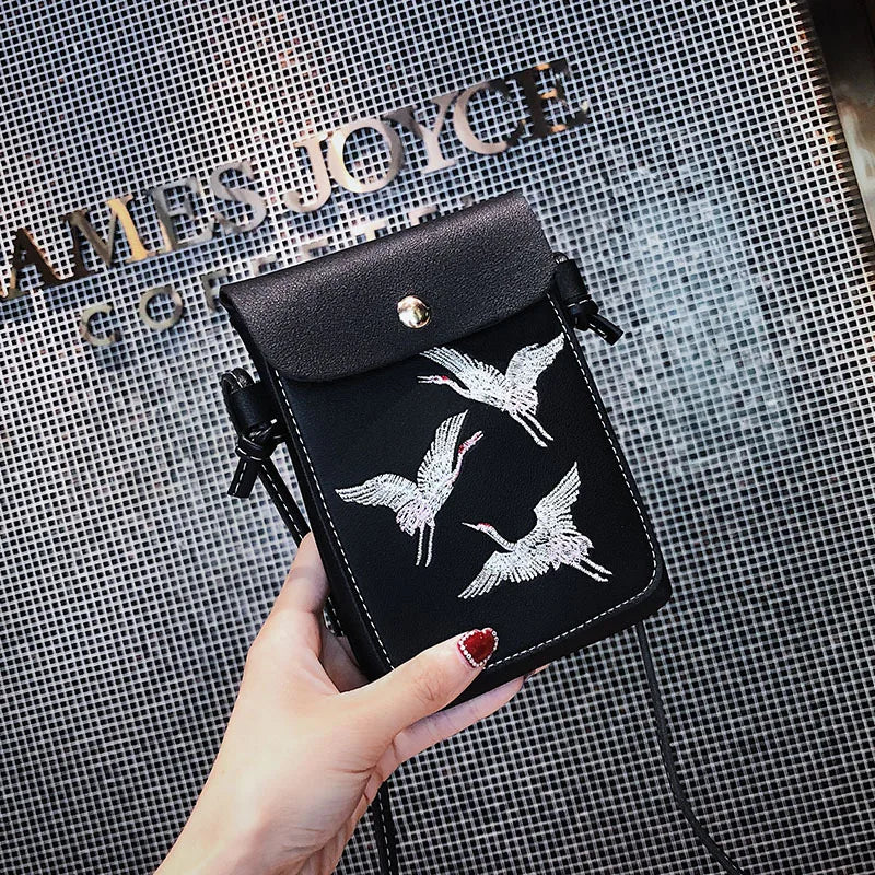 Fashion Bird Embroidery Mobile Phone Bagls for Women Girls Small Crossbody Bags Pu Leather Mini Messenger Bags Ladies Hand Bags