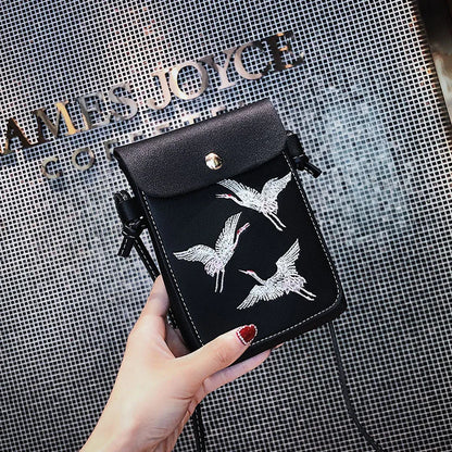 Fashion Bird Embroidery Mobile Phone Bagls for Women Girls Small Crossbody Bags Pu Leather Mini Messenger Bags Ladies Hand Bags