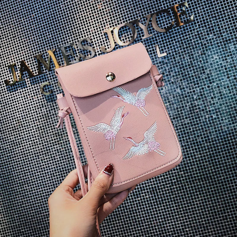 Fashion Bird Embroidery Mobile Phone Bagls for Women Girls Small Crossbody Bags Pu Leather Mini Messenger Bags Ladies Hand Bags