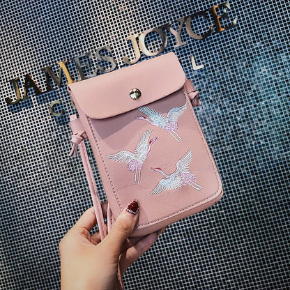 Fashion Bird Embroidery Mobile Phone Bagls for Women Girls Small Crossbody Bags Pu Leather Mini Messenger Bags Ladies Hand Bags